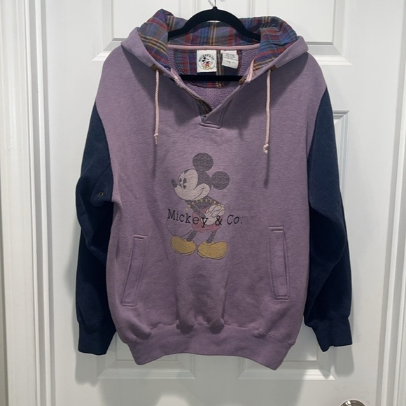 Vintage Mickey Mouse Hoodie Plaid Purple Navy VTG Colorblock Disney - Picture 10 of 11